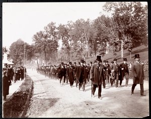 Military Parade with Uniformed Men in Top Hats in Dobbs Ferry, New York, 1898